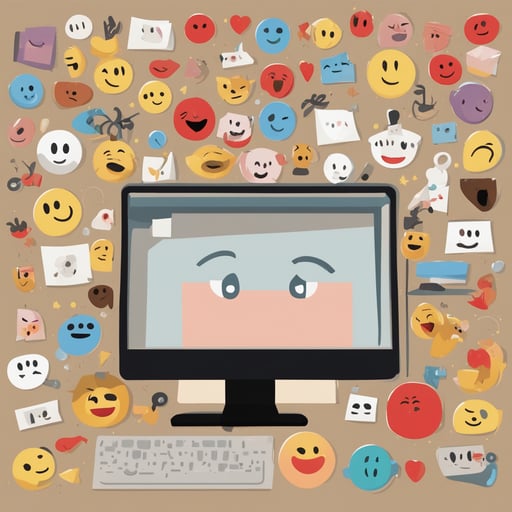 a computer screen with large emojis coming out of it