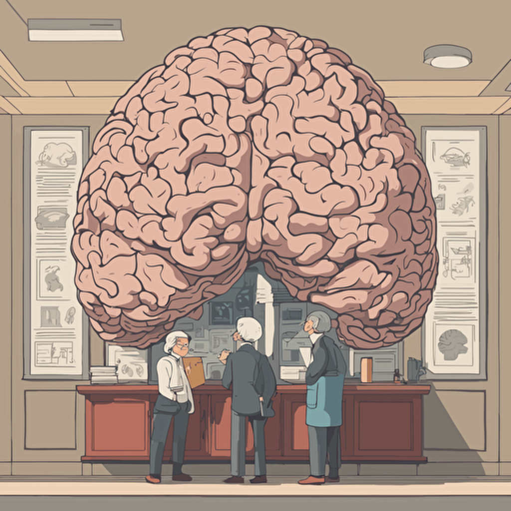 researches standing in front of a gigantic brain