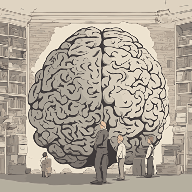 researches standing in front of a gigantic brain