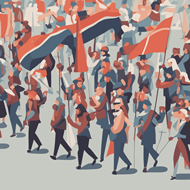 people marching with a man holding a flag with an arrow