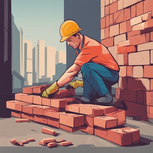 a construction worker putting down bricks