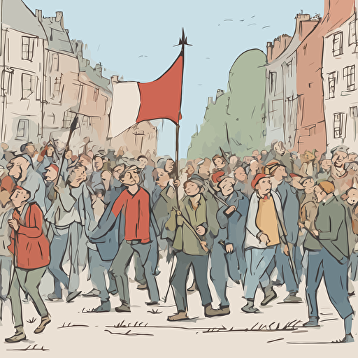 people marching with a man holding a flag with an arrow