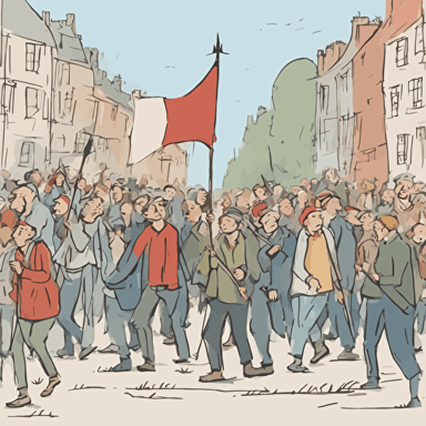 people marching with a man holding a flag with an arrow