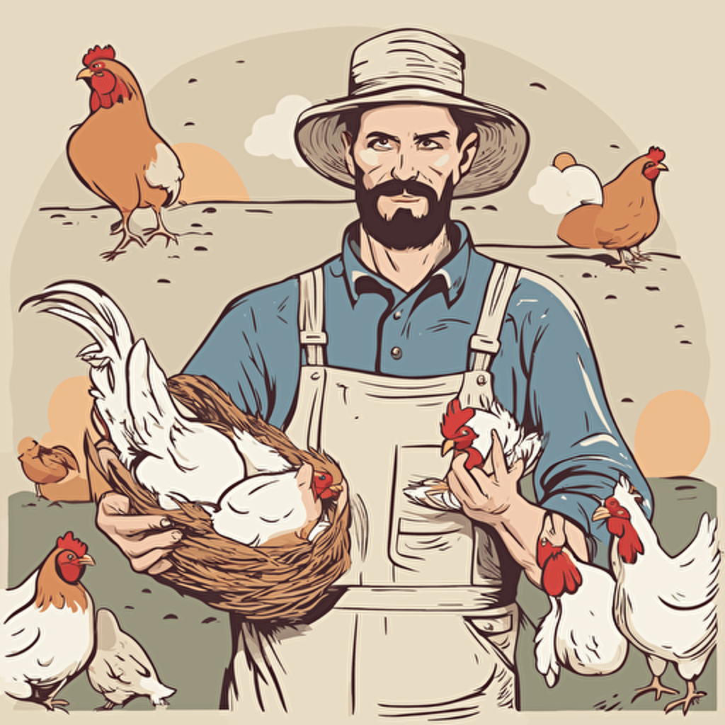 a farmer holding chickens and eggs