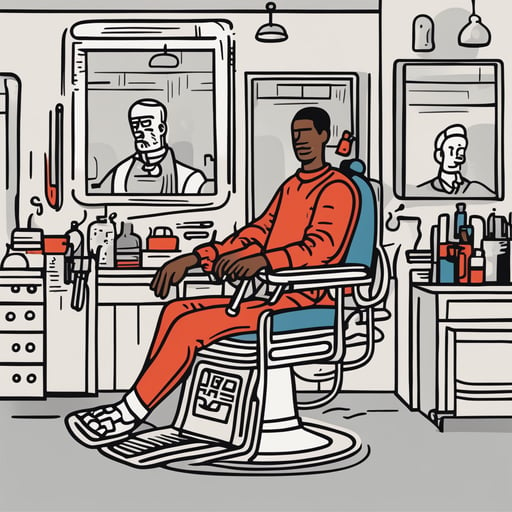 a barber asking someone to sit in the chair
