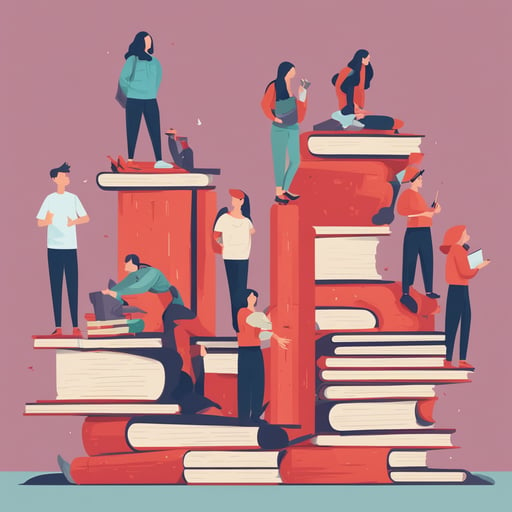 students standing on gigantic books