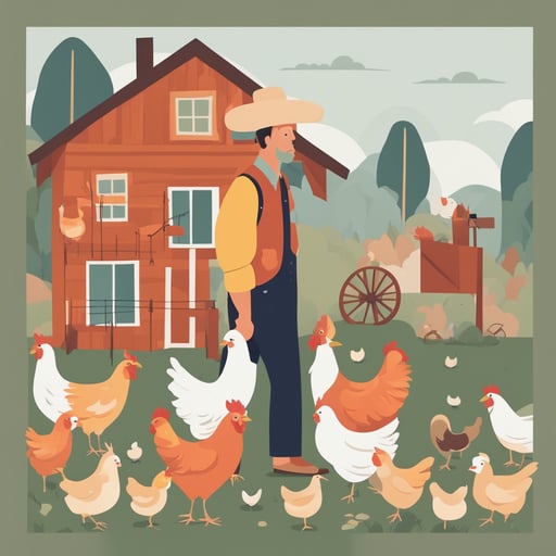 a farmer holding chickens and eggs