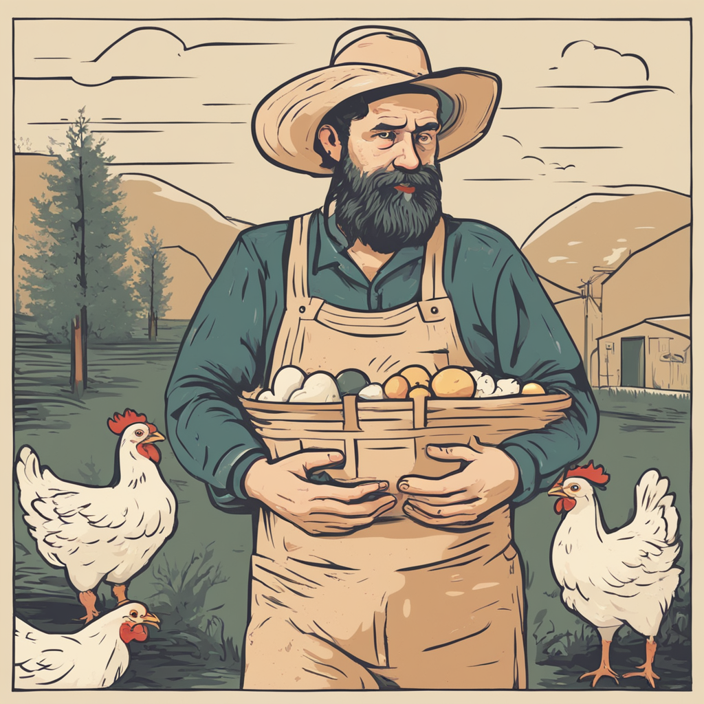 a farmer holding chickens and eggs