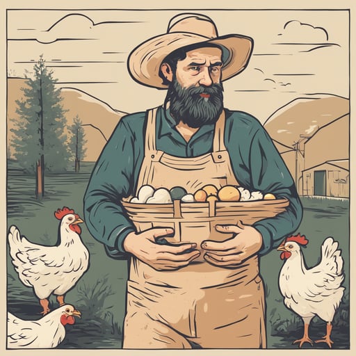 a farmer holding chickens and eggs