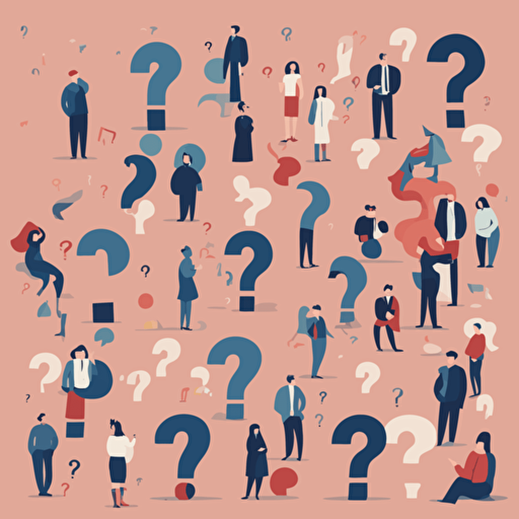 people pondering a question with question marks floating