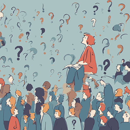 people pondering a question with question marks floating