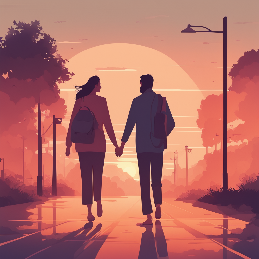 a couple walking together at the sunset