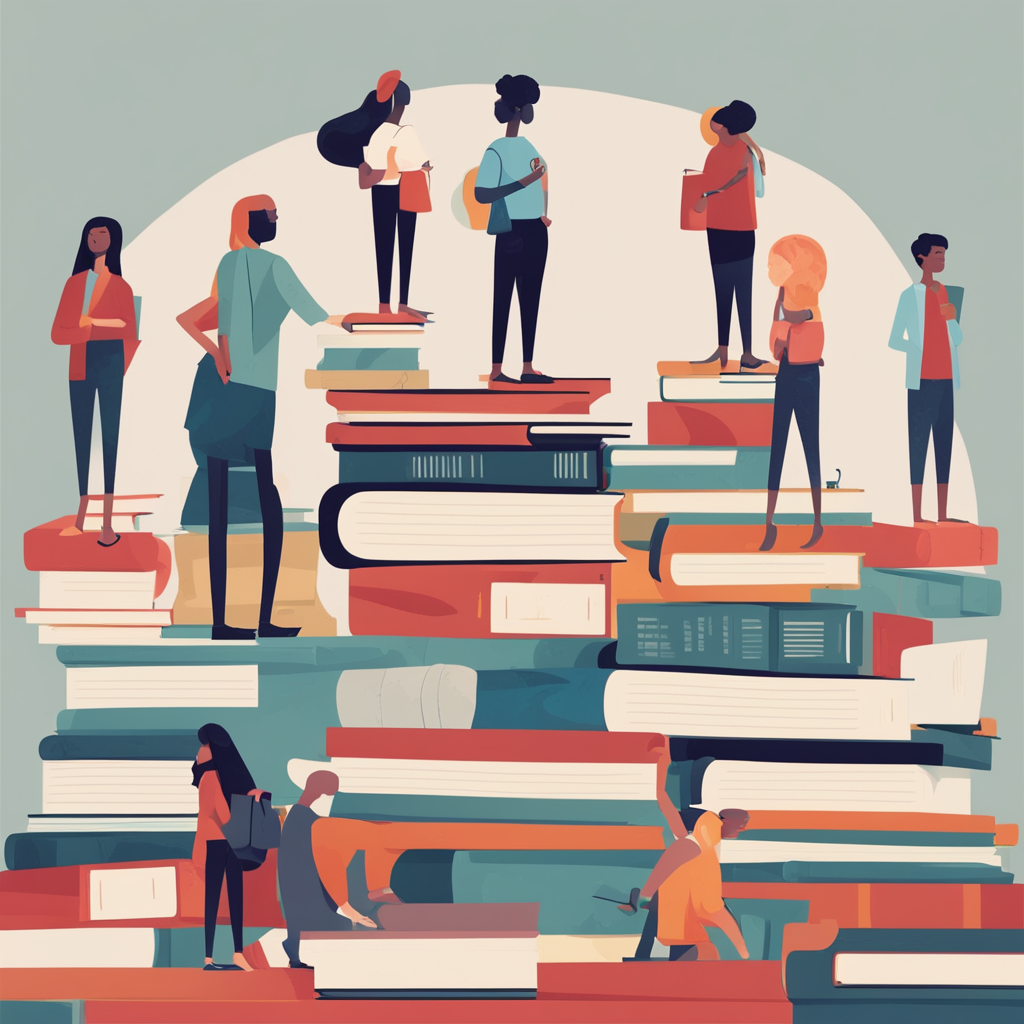 students standing on gigantic books