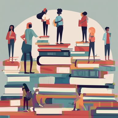 students standing on gigantic books