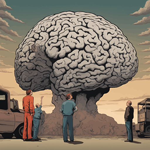 researches standing in front of a gigantic brain