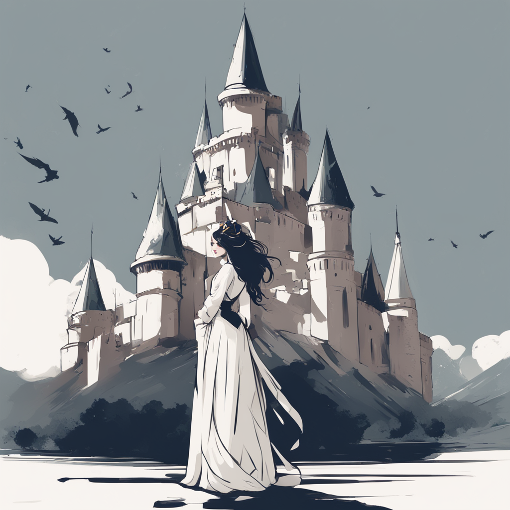 a princess standing in front of a castle