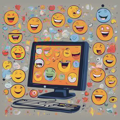 a computer screen with large emojis coming out of it