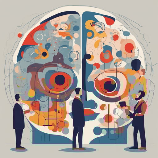 researches standing in front of a gigantic brain