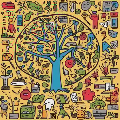 a tree with different objects in its branches