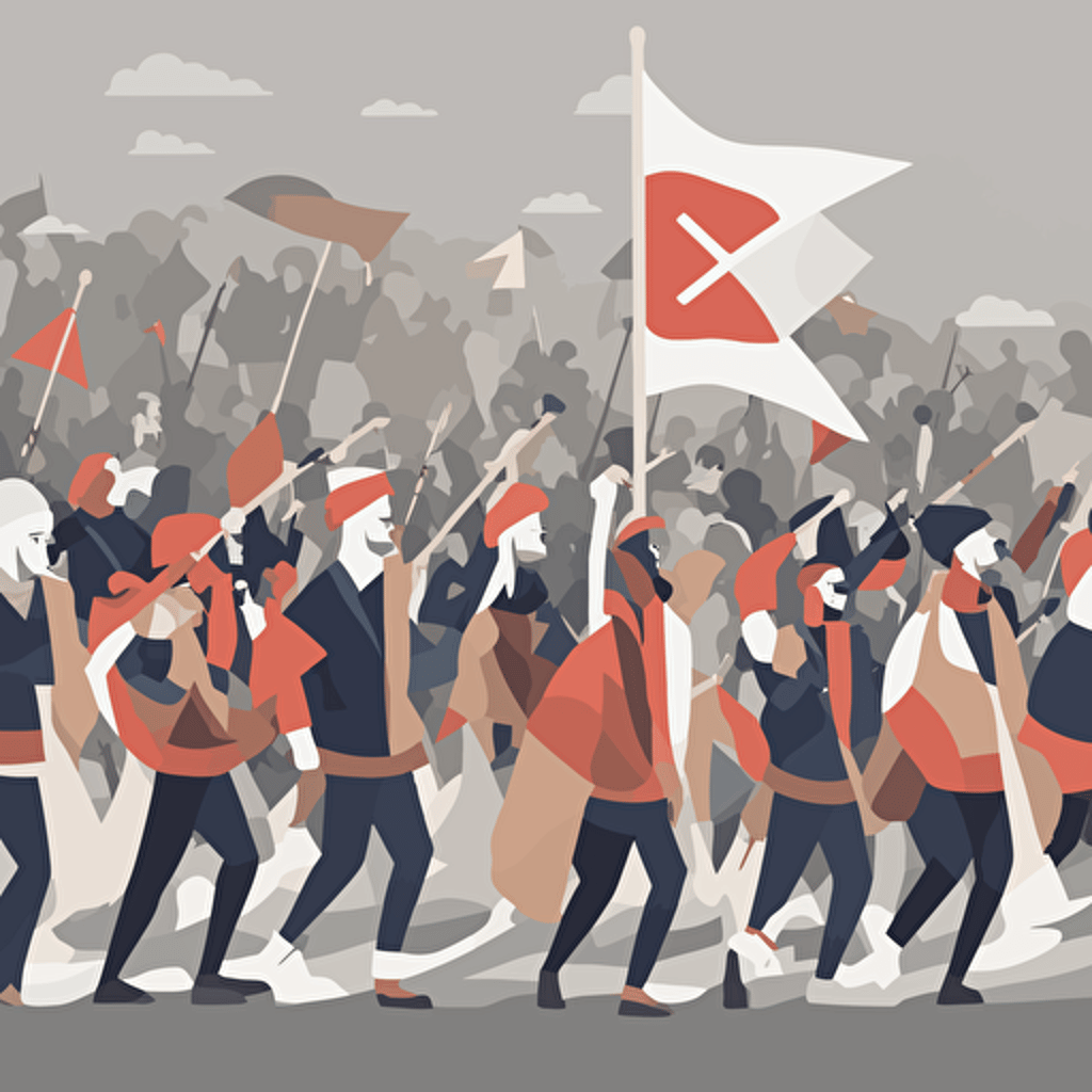 people marching with a man holding a flag with an arrow