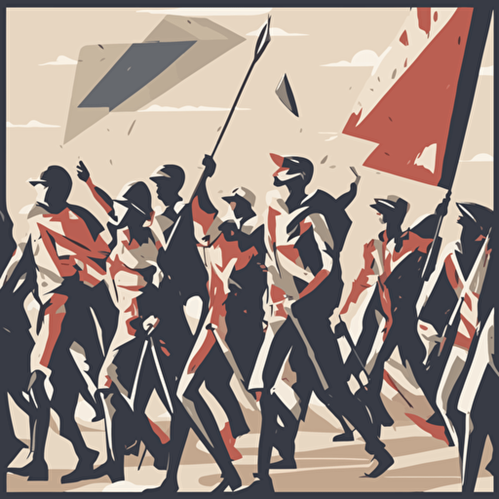 people marching with a man holding a flag with an arrow