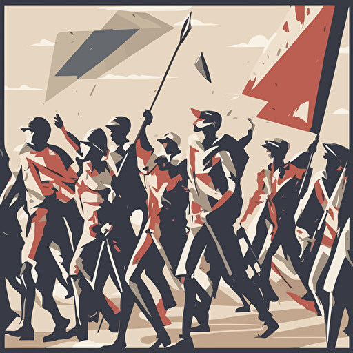 people marching with a man holding a flag with an arrow