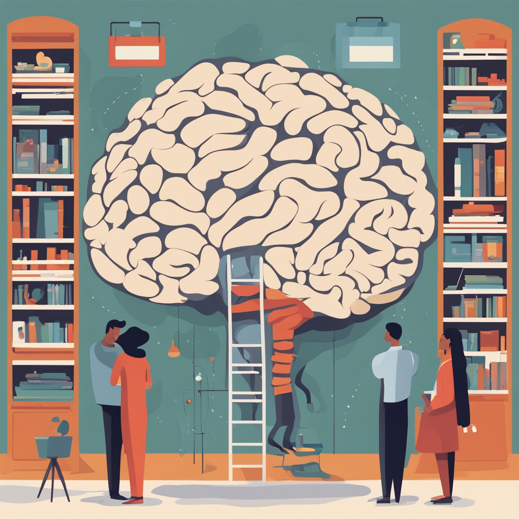 researches standing in front of a gigantic brain