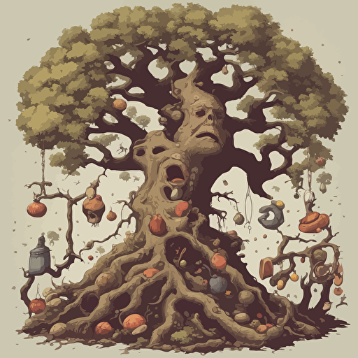 a tree with different objects in its branches