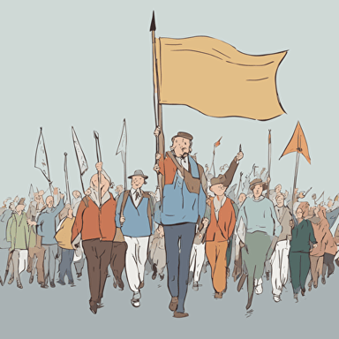 people marching with a man holding a flag with an arrow