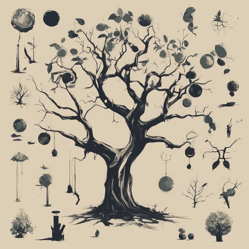 a tree with different objects in its branches