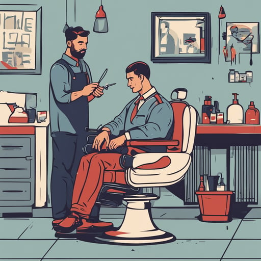 a barber asking someone to sit in the chair