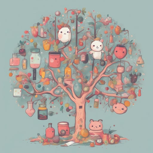 a tree with different objects in its branches