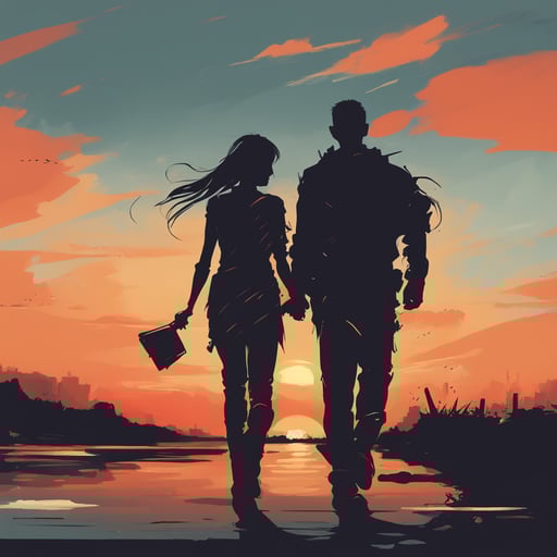 a couple walking together at the sunset