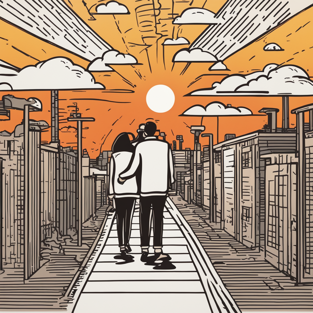 a couple walking together at the sunset