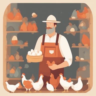 a farmer holding chickens and eggs