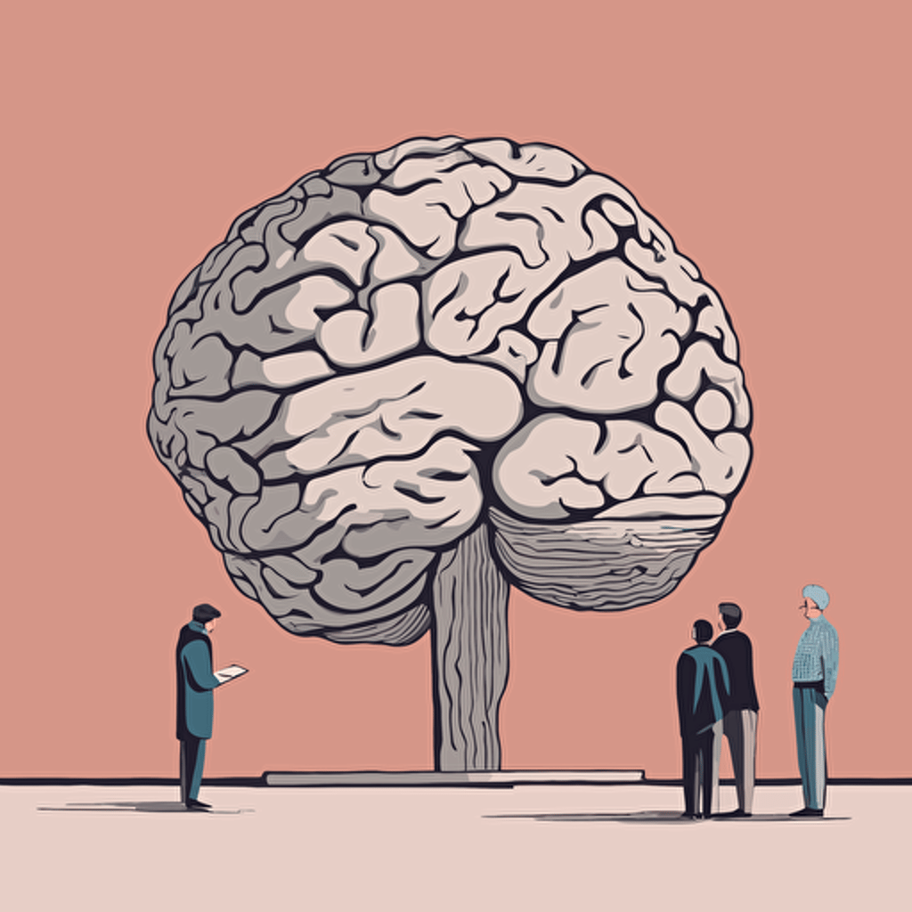 researches standing in front of a gigantic brain