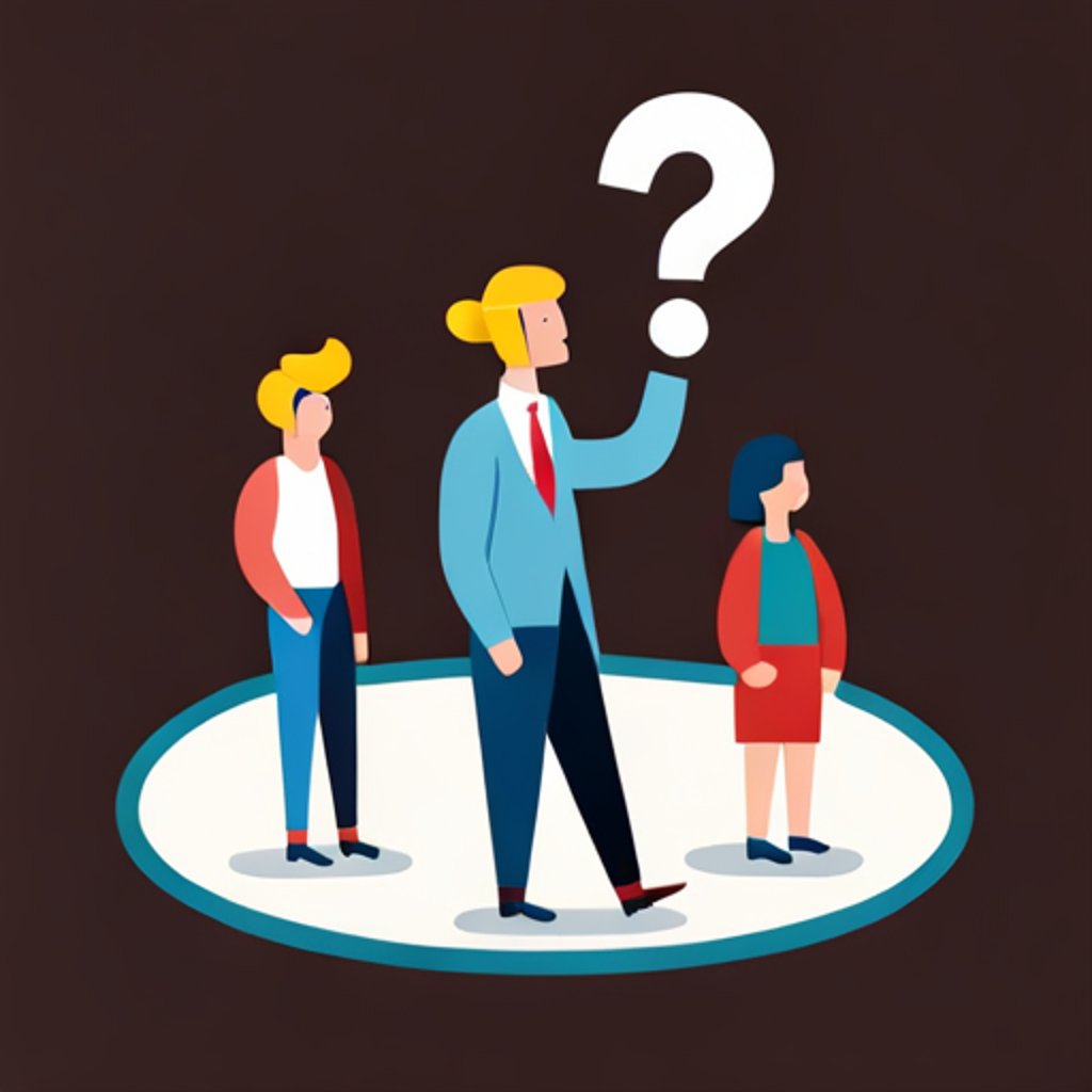 people pondering a question with question marks floating