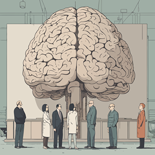 researches standing in front of a gigantic brain