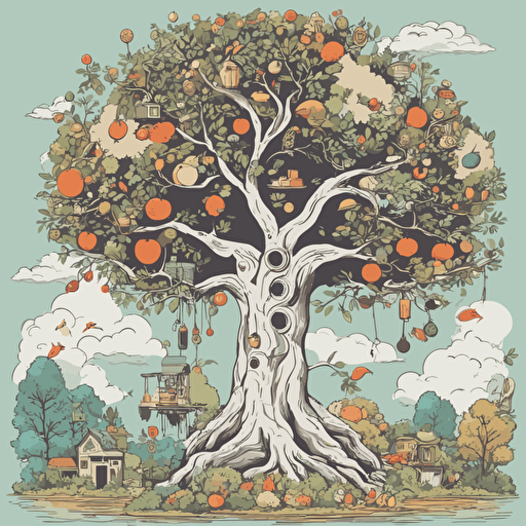 a tree with different objects in its branches