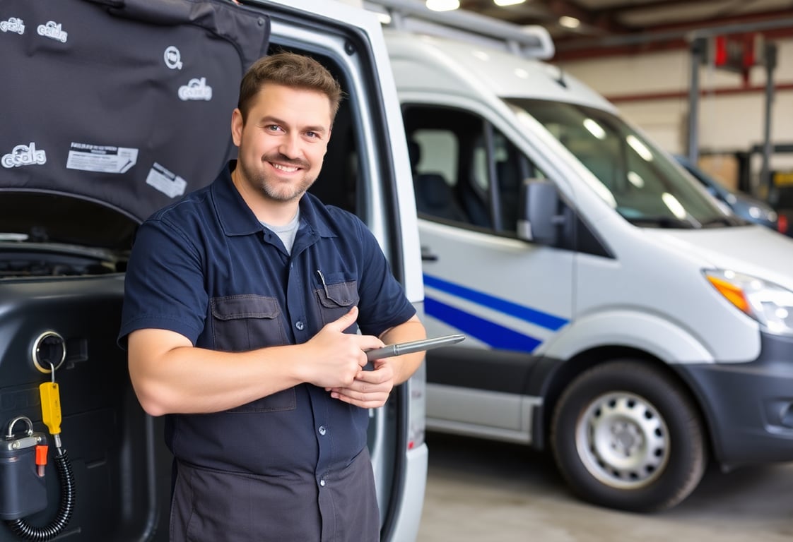 Experienced mobile mechanic with professional tools and diagnostic equipment standing next to service van