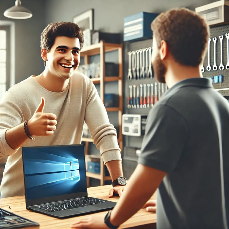 Happy customer Rajesh Sharma smiling after getting his laptop repaired at Compaq Tech Solutions