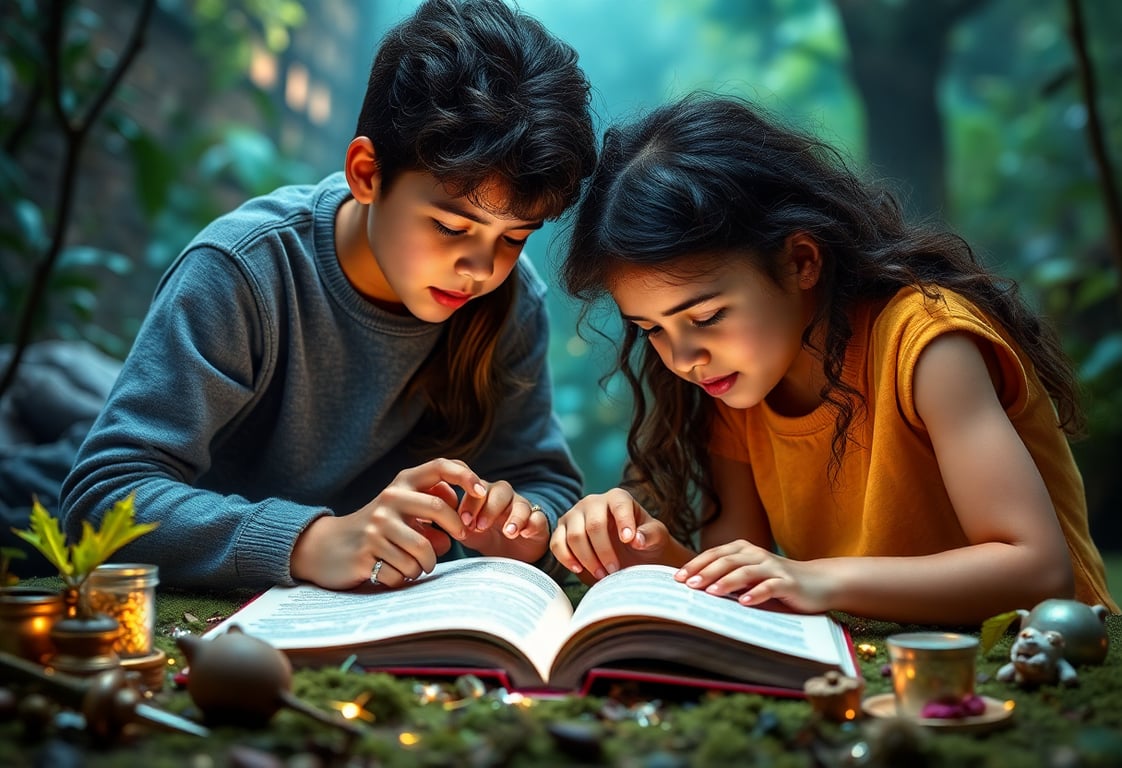 Crianças lendo histórias interativas em um ambiente mágico