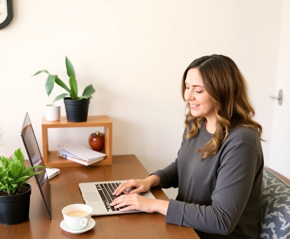 Amanda, founder of Mom Side Hustles blog, working from home