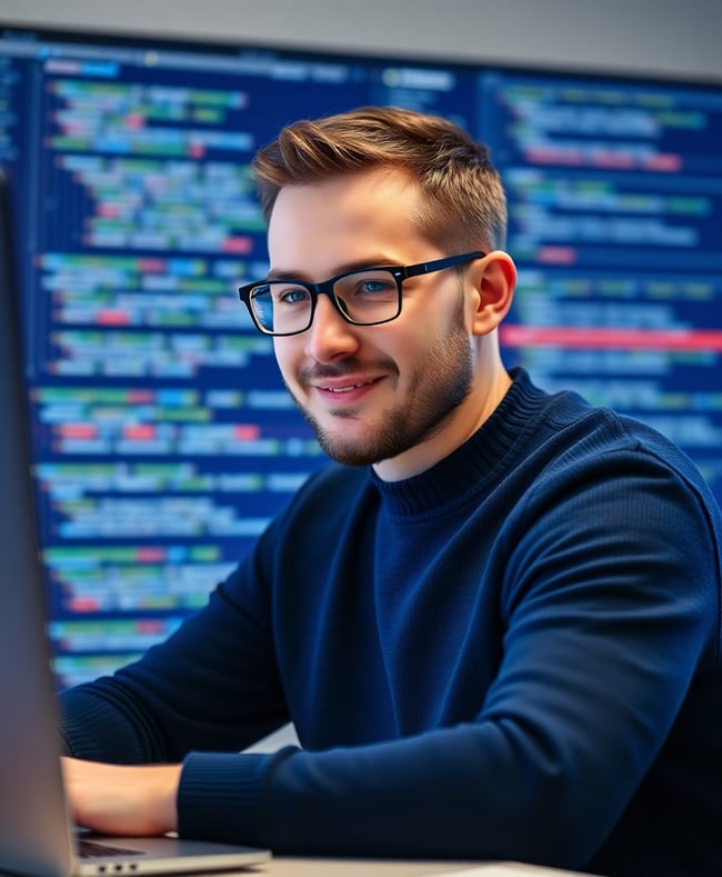 Focused Software Developer in Navy Sweater