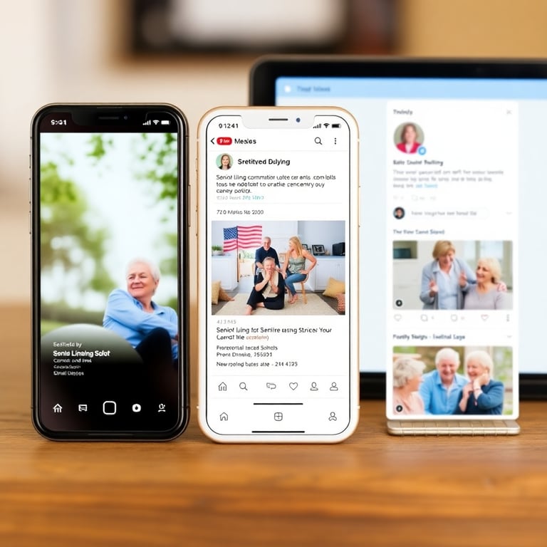 Senior living community social media content across multiple platforms showing engagement with families