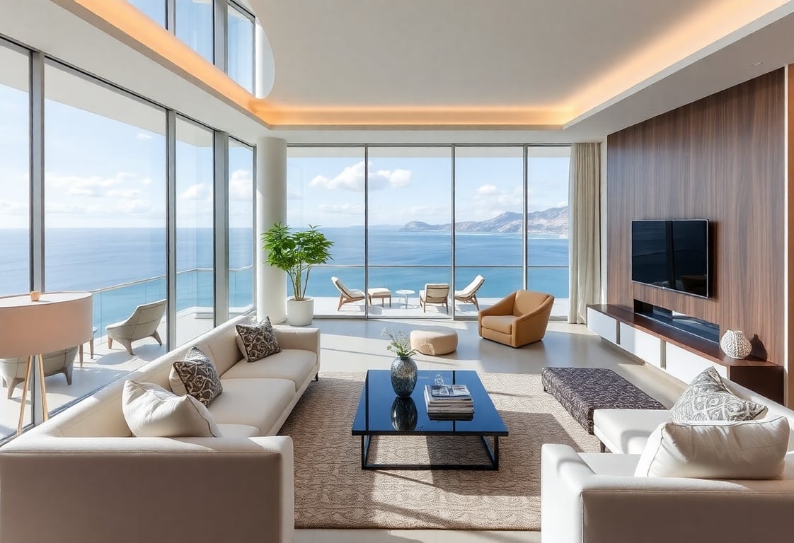 Luxurious modern living room with panoramic ocean views, featuring contemporary furniture and high-end finishes