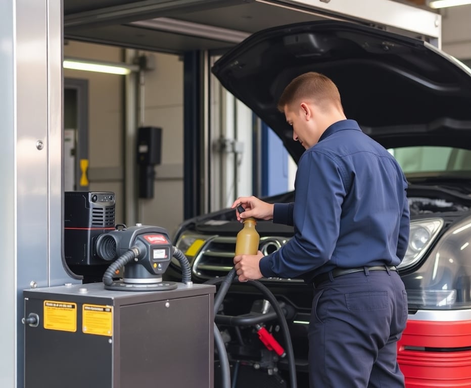 Mobile mechanic performing oil change service at customer location with professional equipment