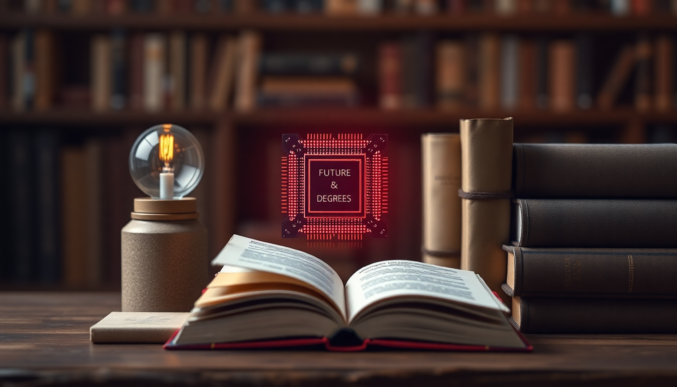 Stylized still life of books and microchip representing Three Degrees Marketing brand