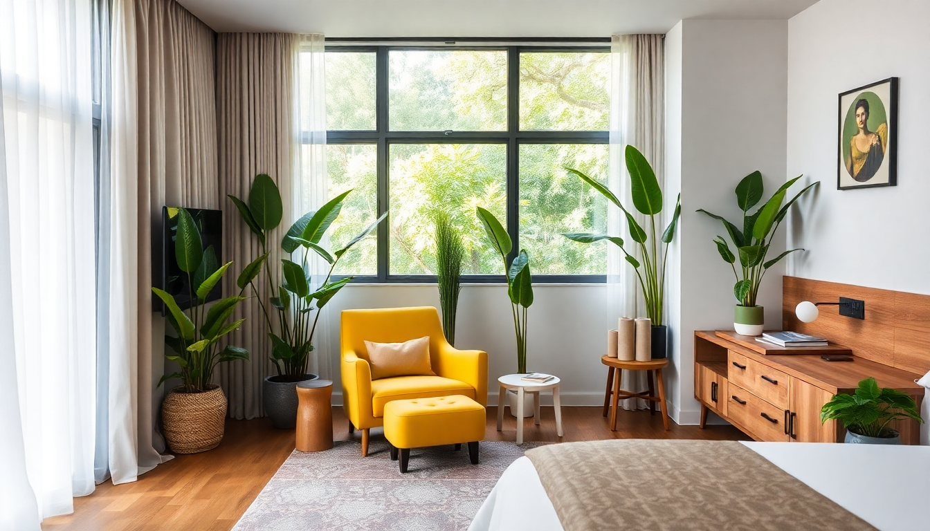 Modern eco-friendly hotel room with yellow accent chair, wooden furniture, and lush green plants