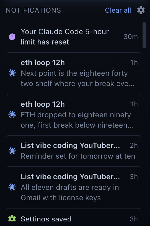 Claudete notifications panel showing a Claude Code 5-hour limit reset, agent updates, reminders and a settings-saved alert